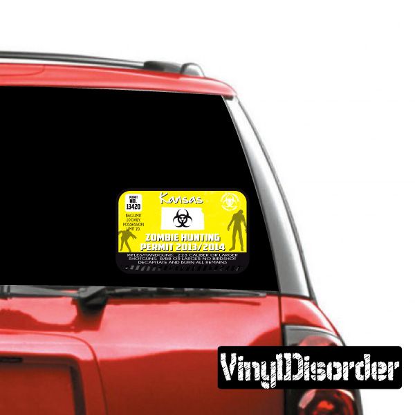 Kansas zombie hunting permit sticker with yellow silhouettes and black text
