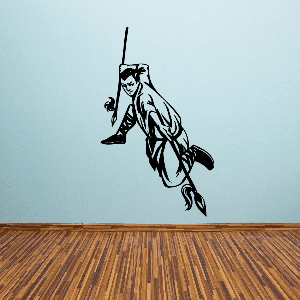 Karate fighter wall decal sticker, black silhouette of martial artist holding staff