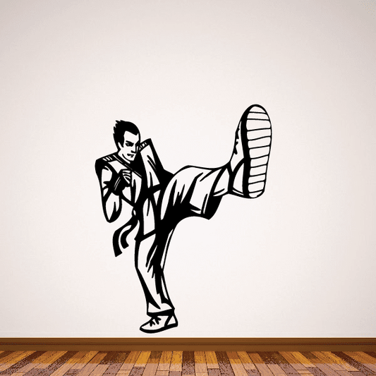 Karate wall decal sticker of a martial artist kicking, black vinyl die-cut figure