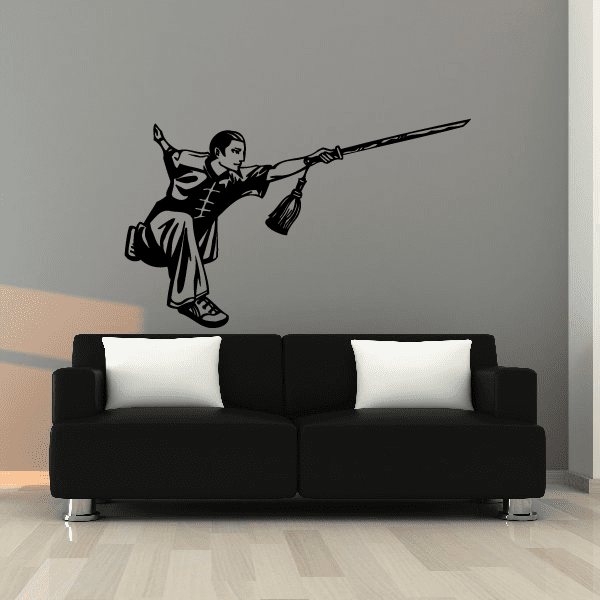 Karate fighter wall decal vinyl sticker, black silhouette holding a long weapon