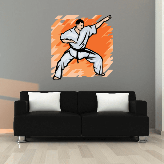 Karate martial arts wall decal sticker with orange burst and kicking fighter silhouette