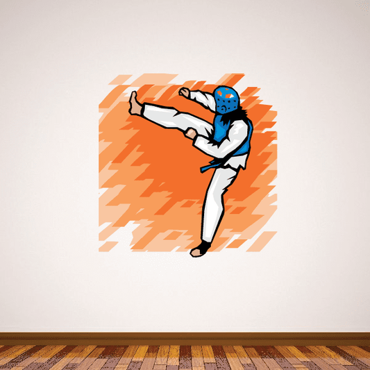 Karate decal sticker: blue-helmet fighter kicking on orange burst