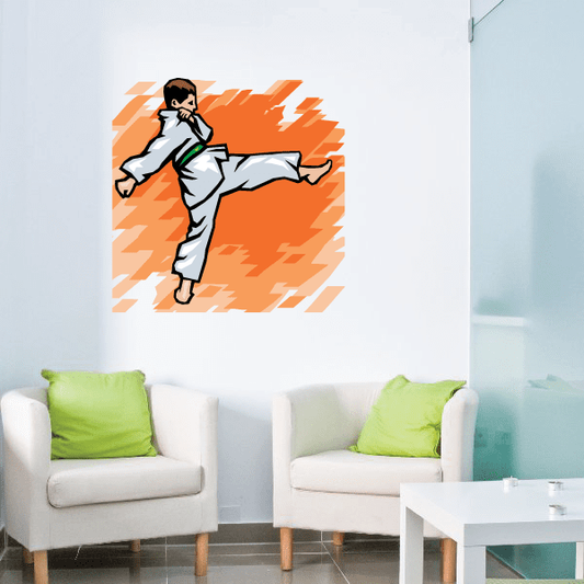 Karate wall decal sticker of a karate fighter in a white gi on an orange burst background