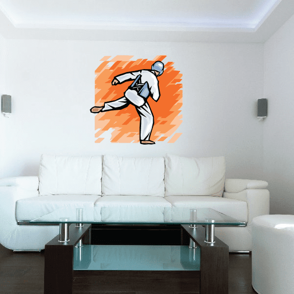Karate wall decal vinyl sticker: white gi karate fighter with orange burst design