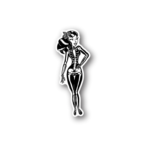 Vinyl skeleton girl sticker with black dress and white bones outline
