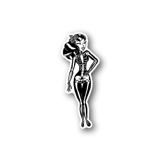 Vinyl skeleton girl sticker with black dress and white bones outline