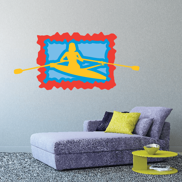 Kayak wall decal sticker with red border, blue water, and yellow kayak
