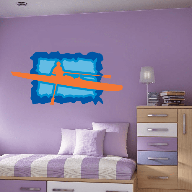 Kayak wall decal vinyl sticker with blue outline, orange kayak and paddle