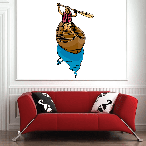 Kayak wall decal sticker of cartoon woman in brown kayak with paddle, blue water splash