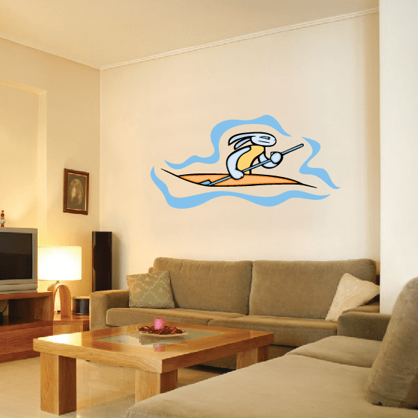 Kayak wall decal vinyl sticker: cartoon kayaker in blue waves, die-cut outline