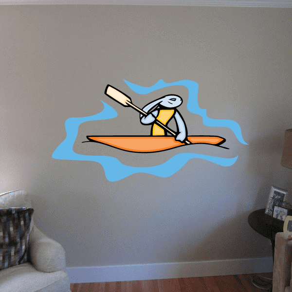 Kayak vinyl wall decal sticker with blue splash border and cartoon paddler in kayak