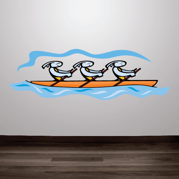 Kayak wall decal sticker of three paddling duck figures on orange kayak with blue waves