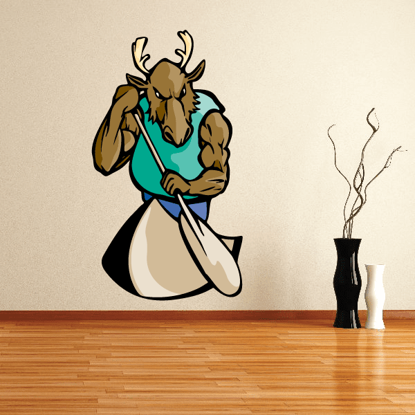 Moose with teal life vest and paddle vinyl wall decal