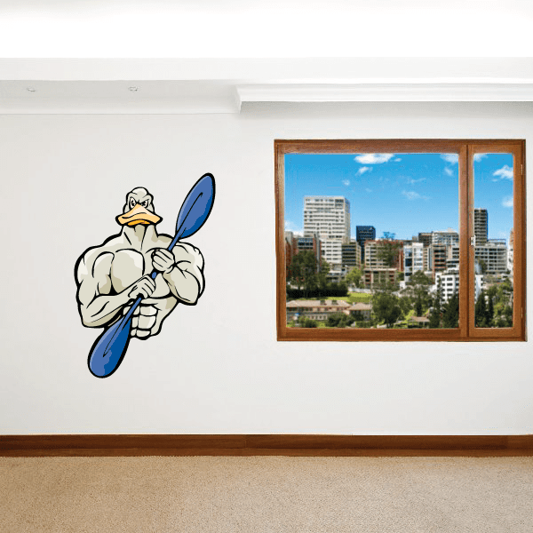 Kayak wall decal vinyl sticker of cartoon kayaker holding a paddle and wearing a cap