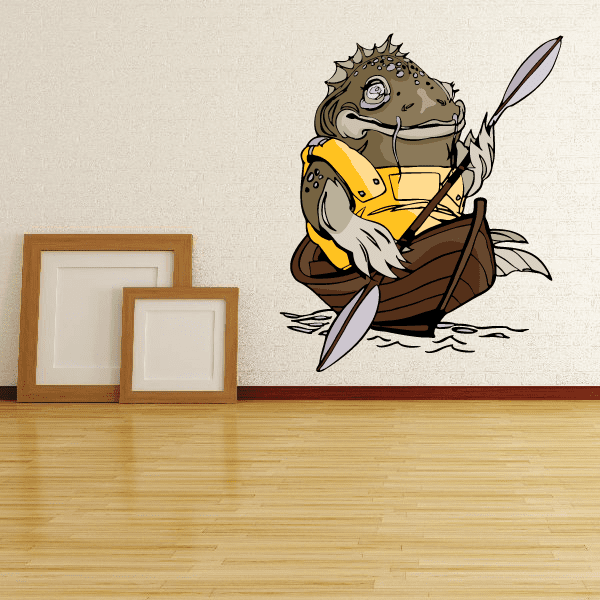 Kayak wall decal sticker: cartoon animal paddles a brown kayak, wearing yellow life vest.