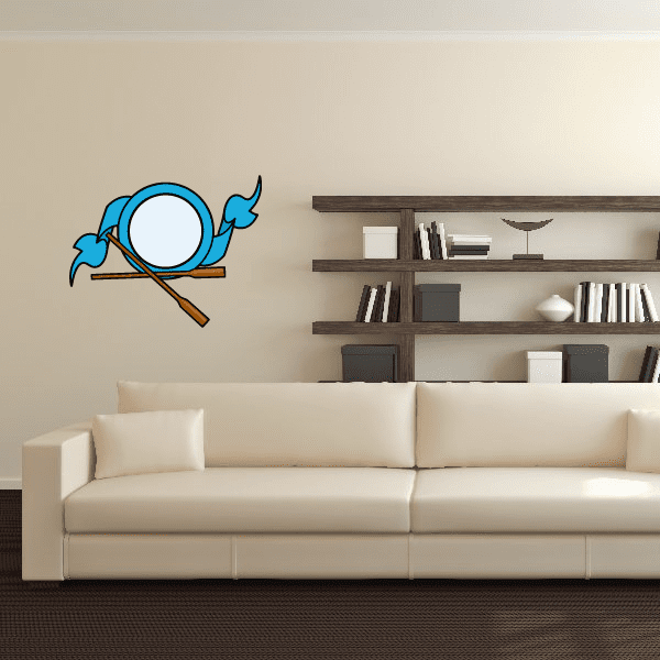 Blue kayak wall decal with paddle and round emblem, die-cut vinyl sticker