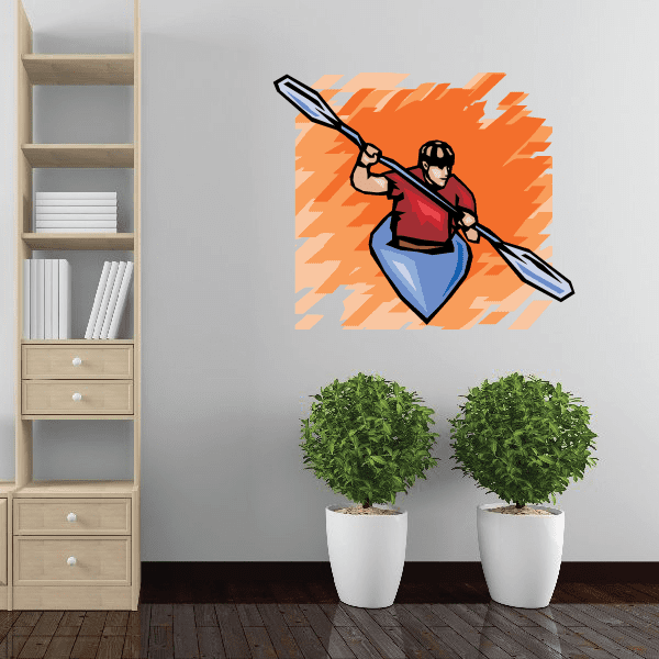 Kayak wall decal vinyl sticker with orange splash background and kayaker paddling