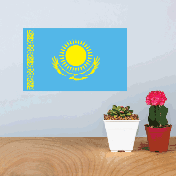 Kazakhstan flag sticker, rectangular blue with yellow sun and ornamental border