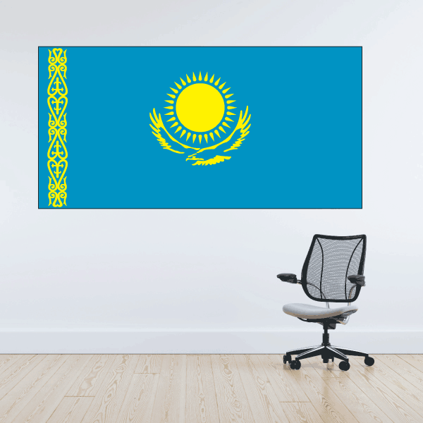 Kazakhstan flag sticker, rectangular blue with yellow sun and eagle emblem
