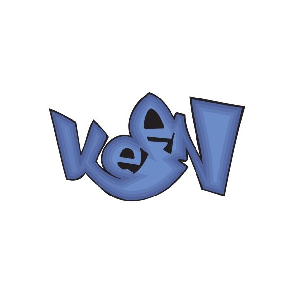 Graffiti sticker with blue stylized Keen lettering