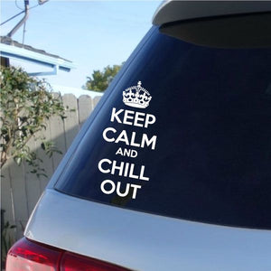Car decal: white crown and 'Keep Calm and Chill Out' lettering