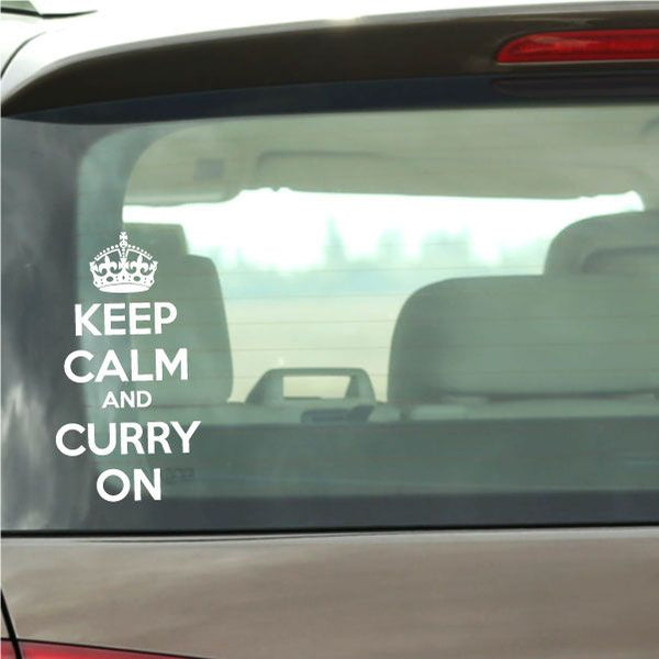 Car window decal with crown above text: KEEP CALM AND CURRY ON