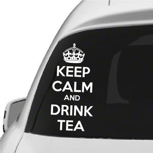 Keep Calm and Drink Tea decal with crown icon, white text on dark background