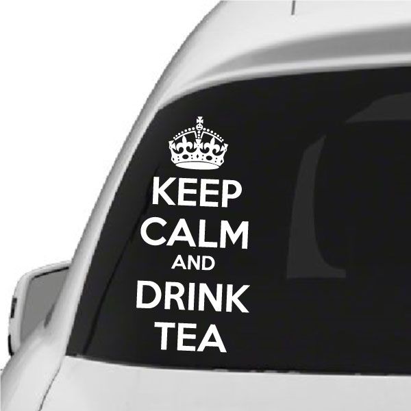 Keep Calm and Drink Tea decal with crown icon, white text on dark background