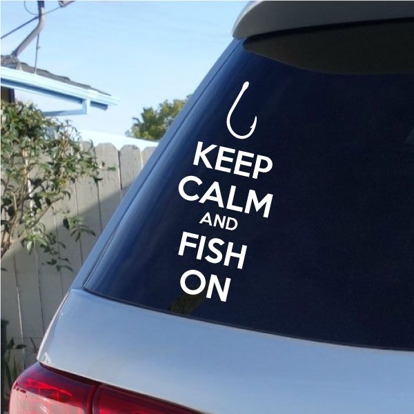 Car decal: white "KEEP CALM" and "FISH ON" text on dark window