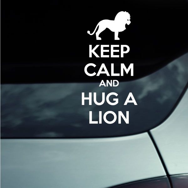 Car decal with white lion and “KEEP CALM AND HUG A LION” text