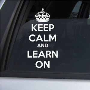 Car decal: crown above “KEEP CALM AND LEARN ON”