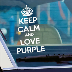 White "Keep Calm and Love Purple" decal with crown icon