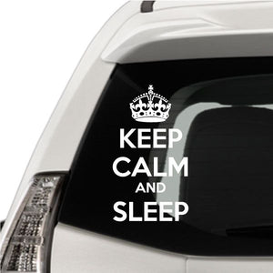 Crown and 'KEEP CALM AND SLEEP' window decal in white on dark background