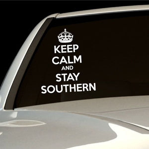 Vehicle window decal with crown and text: KEEP CALM AND STAY SOUTHERN