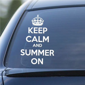 Car window decal with crown and 'Keep Calm and Summer On' text