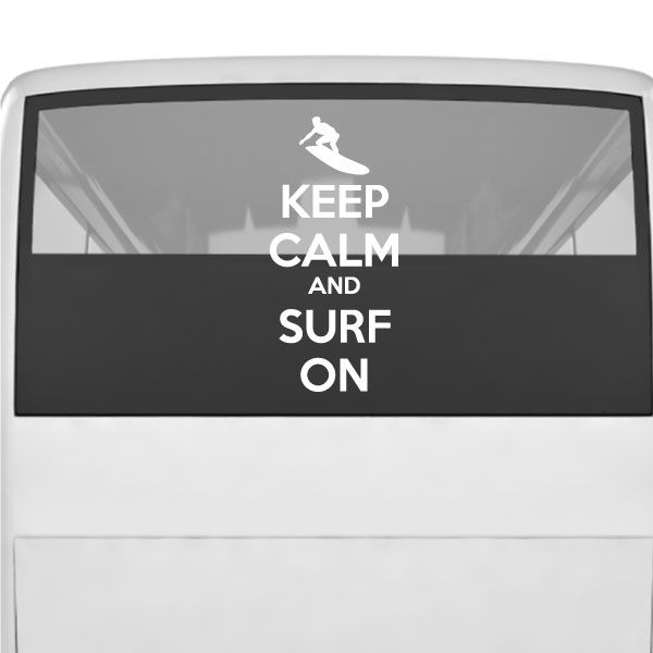Keep Calm and Surf on vinyl decal with surfer icon and bold white text on black strip
