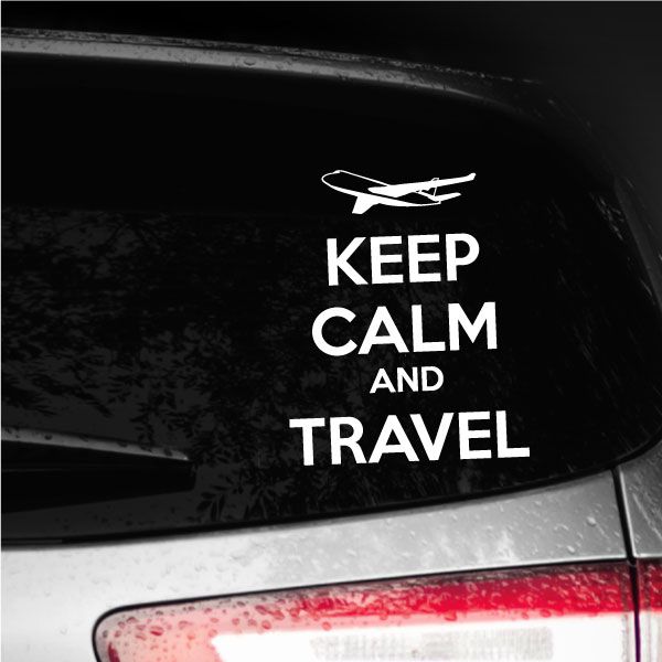Travel decal with plane icon and white text reading "KEEP CALM AND TRAVEL"