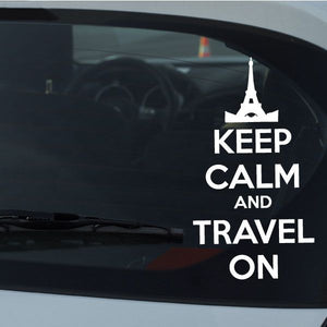 White vinyl travel decal with Eiffel Tower and text KEEP CALM AND TRAVEL ON