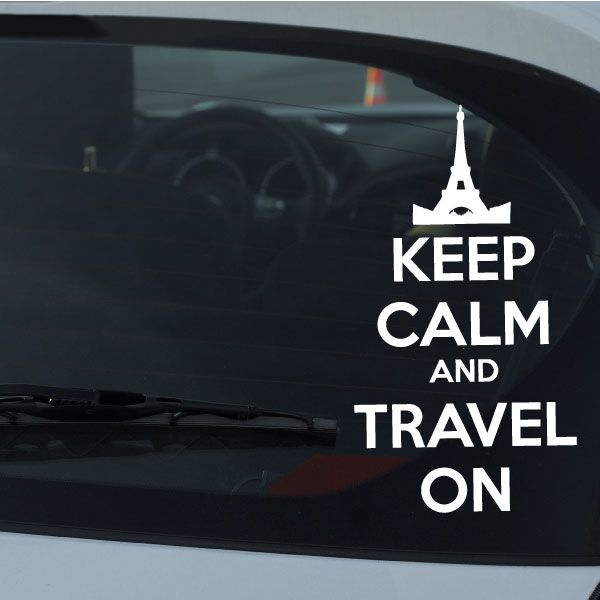 White vinyl travel decal with Eiffel Tower and text KEEP CALM AND TRAVEL ON