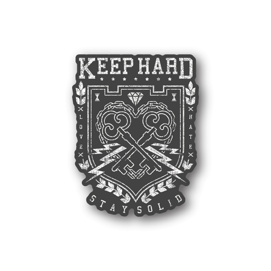 Black vinyl sticker with white Keep Hard text and crest graphic