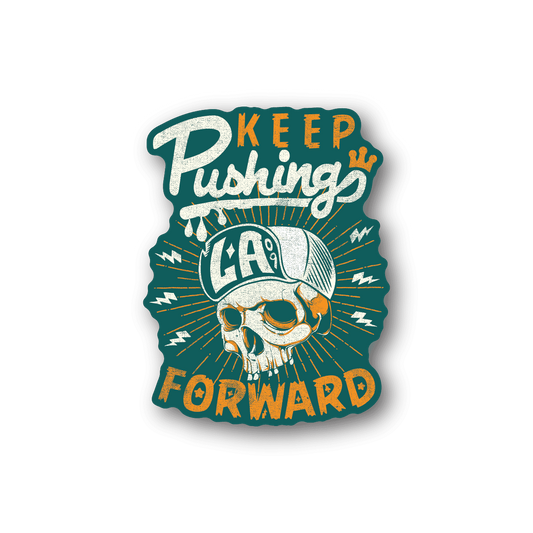 Vinyl sticker with skull wearing goggles and text Keep Pushing Forward