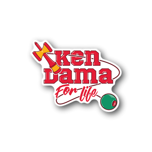 Vinyl sticker with Ken Dama for Life logo, red and white text, green tama ball