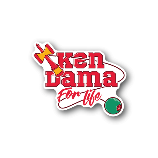 Vinyl sticker with Ken Dama for Life logo, red and white text, green tama ball