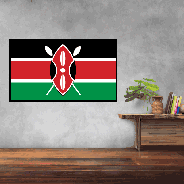 Kenya flag sticker with red, black, and green shield emblem