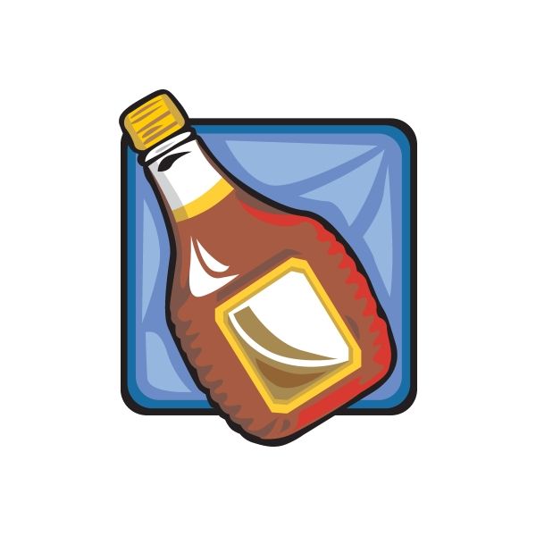 Ketchup bottle sticker icon with red ketchup bottle and yellow label in a blue square