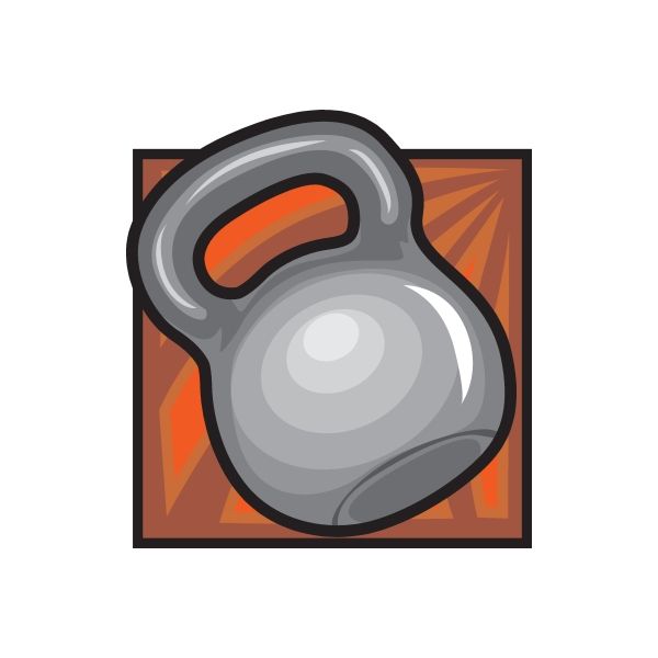 Gray kettlebell weight sticker with orange handle and abstract orange accents