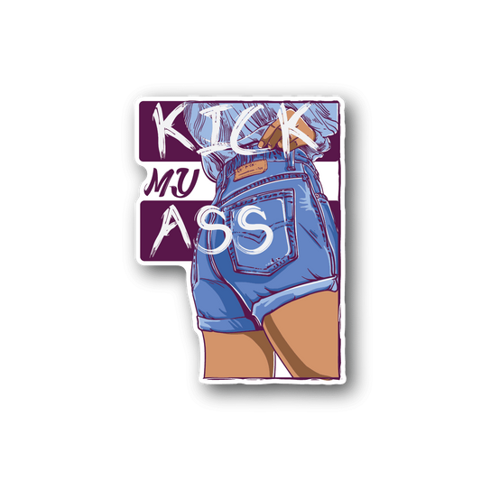 Vinyl sticker with purple and blue jeans graphic and white border outline