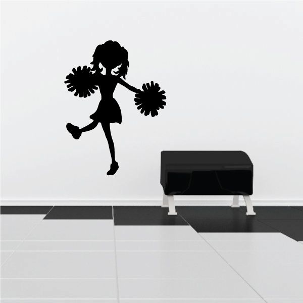 Kicking cheerleader decal with black silhouette and pom-poms