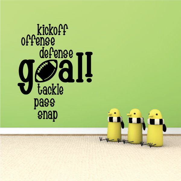 Football-themed vinyl wall decal with black quote text and three yellow football icons