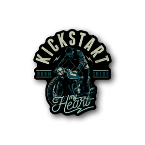 Motorcycle vinyl sticker with rider, bike illustration, and bold blue text
